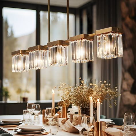 Beta Modern 5-Light Glass Chandelier Linear Black Gold Pendant Island Lights for Dining Room - 36.2'' L x 4.7'' W x 20.5'' H - On Sale - Bed Bath & Beyond - 37074914 Light Above Dining Table, Oversized Chandelier, Modern Gold Chandelier, Dining Table Chandelier, Lights For Dining Room, Chandelier Large, Kitchen Island Lights, Chandelier Gold, Kitchen Island Light