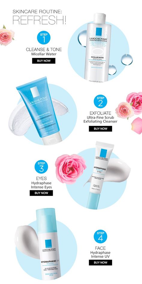 Step 1: Cleanse with Micellar Water  Step 2: Exfoliate with Ultra-Fine Scrub  Step 3: Care for your eyes with Hydraphase Intense Eyes Step 4: Moisturize with Hydraphse Intense UV with SPF  #LaRochePosay #Hydraphase Intense Eyes, Bio Pool, Cosmetics Banner, Email Design Inspiration, 카드 디자인, Cosmetic Design, روتين العناية بالبشرة, Social Media Design Inspiration, Micellar Water