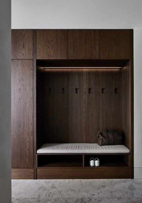 Toorak Residence I | Studio Tate Shoe Shelf Bench, Shoe Cabinet With Bench, Toorak Residence, Entryway With Storage, Entrance Cabinet, Entry Closet, White Washed Oak, Open Wardrobe, Architecture Practice