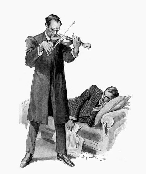 An interesting drawing I stumbled across of Sherlock playing the violin with Watson on the arm chair observing. I picked this particular image as it is different from any Sherlock's we've seen and also depicts the relationship between the duo. The Sign Of Four, Sherlock Illustration, Original Sherlock Holmes, Sherlock Holmes Book, Sherlock Art, Sherlock Holmes 3, Jeremy Brett, Dr Watson, Sir Arthur Conan Doyle