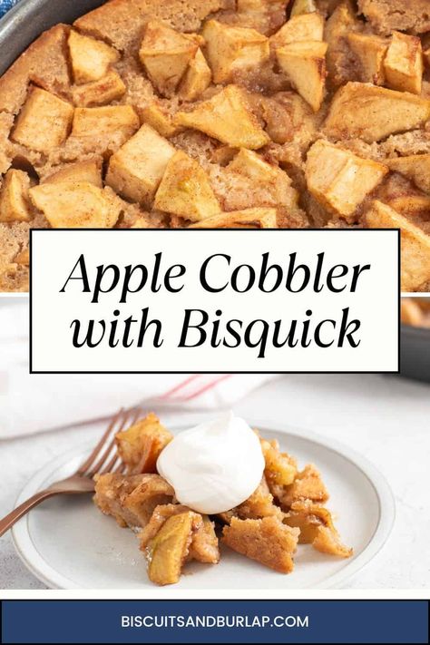 Apple Cobbler with Bisquick uses fresh apples and comes together in just minutes for the quickest and easiest fall (or anytime) dessert! Simple Apple Cobbler Recipe, Bisquick Apple Cobbler With Fresh Apples, Apple Cobbler With Bisquick, Bisquick Apple Recipes, Bisquick Deserts, Bisquick Apple Pie, Bisquick Apple Cobbler, Bisquick Cobbler Recipes, Cobbler With Bisquick