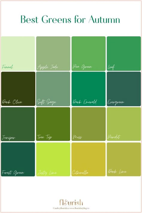 Are you an Autumn and stumped on what greens are in your color palette? Fret no more - we have created this handy chart just for you. Check out our latest blog post for more information on greens for each season! #coloranalysis #shesanautumn #personalstyle #greenfashion Green Autumn Color Palette, True Autumn Greens, Deep Autumn Green, Autumn Color Palette Fashion Outfit, Autumn Color Season Outfits, Soft Autumn Green, Classic Autumn Color Palette, Warm Green Color Palette, Bright Autumn Color Palette