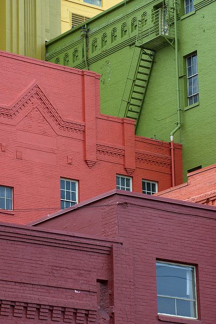 This is very cool, simple block colours in an interesting palate, might be less controversial, especially if the palate was quite muted, but still very striking, no?  "Coloured Building #2" by SnapperOrgans (Paul Trunley) Colourful Buildings, Brick Building, Color Textures, 인테리어 디자인, Color Inspiration, Habitat, Interior Architecture, Interior And Exterior, Beautiful Colors