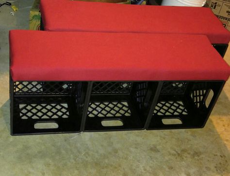 My version of the milk crate benches.  Milk crates from Home Depot zip tied together.  Foam from Walmart.  I had red cotton broadcloth.  I drilled holes through the boards before covering them and pre zip tied them.  When covered (staple gun) I just zipped them on.  Pretty happy with the results.  : ) How To Decorate Milk Crates, Milk Crate Storage Diy, Uses For Milk Crates, Diy Milk Crate Ideas, Plastic Milk Crate Ideas Diy, Milk Crate Ideas, Milk Crate Bench, Milk Crate Shelves, Milk Crates Diy