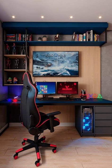 Computer In Bedroom Ideas, Gaming Room Decor Ideas Diy, Teenager Gaming Bedroom, Gamer Bedroom Boys, Small Gaming Bedroom, Gaming Nook, Video Games Room, Gaming Room Design, Teenager Bedroom Design