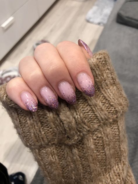 Nail Ideas Almond Shape Ombre, Nails With Shimmer Tips, Purple Gel Nails Almond, Short Almond Sns Nails, Shimmer Tip Nails, Almond Nails Sparkle, Shiny Purple Nails, Glitter Ombre Nails Almond, Cute Sparkly Nails