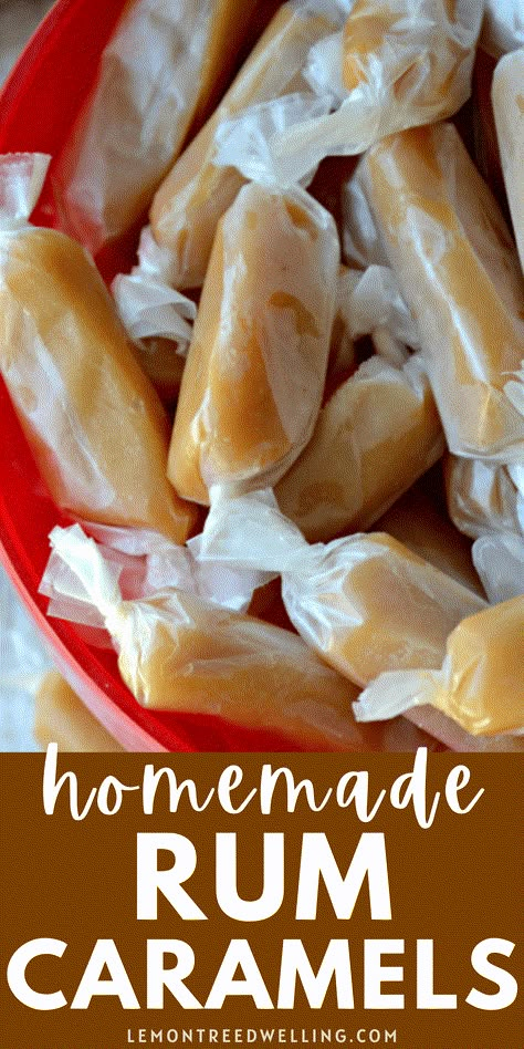 These Homemade Rum Caramels are soft, chewy, and deliciously creamy with a hint of rum flavoring. Best of all, they're individually wrapped and perfect for holiday gifting! Vanilla Cream Filled Caramels, Easy Caramels Candy, Old Fashioned Soft Carmels, Homemade Caramel Candy Easy, Homemade Christmas Carmels, Butter Rum Caramels, Fireball Whiskey Caramels, Fall Food Gift Ideas, Rum Nougat Candy Recipe