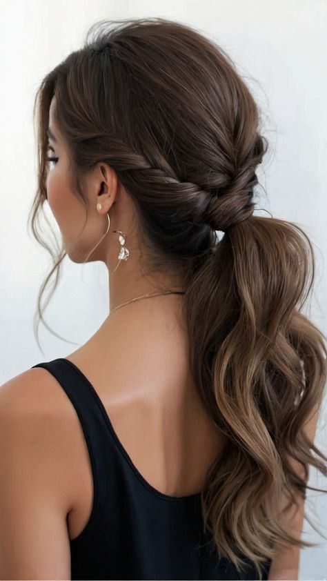 Bride Messy Ponytail, Wedding Bridesmaid Ponytail, Bride Hairstyles Out Of Face, Side Hair Do Wedding, Bride Hairstyles For Low Back Dress, Prom Hairstyles Thick Hair, Formal Updos For Long Hair Prom, Wedding Brunette Hairstyles, Winter Formal Hair Ideas