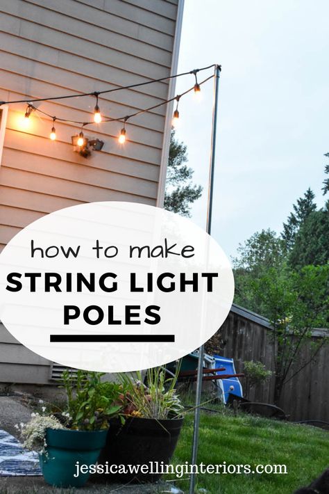 Need to light a deck, patio, or fire pit? Install easy and inexpensive removable string light poles. I'll show you how. String Light Poles, Hanging Patio Lights, Diy Outdoor Lighting, Diy String Lights, Patio String Lights, Dance Floors, Box Photo, Light Pole, Backyard Lighting