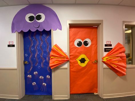 Underwater Door Decorations Classroom, Jellyfish Classroom Door Decoration, Ocean Hallway Decor School, Breaker Rock Beach Classroom, Ocean Themed Hallway, Sea Animals Decorations Classroom, Fish Door Decorations Classroom, Ocean Classroom Decorations, Ocean Themed Door Classroom