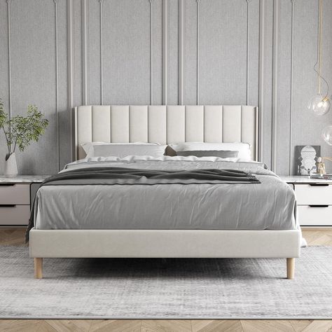 warm up any room with this velvety upholstered bed frame! Perfect for the contemporary modern home! #ad White Upholstered Bed Frame, White Upholstered Bed, Bed Frame King Size, Bed Frame King, Bed Platform, King Size Bed Frame, Queen Size Bed Frames, King Bed Frame, Upholstered Bed Frame