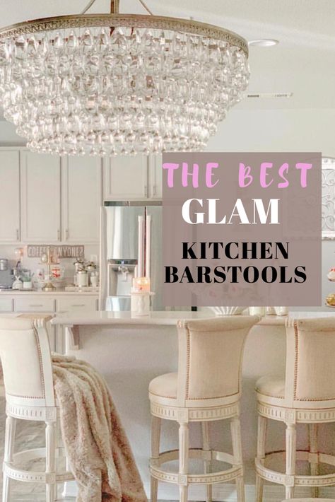 Glam Kitchen Island Decor, Elegant Bar Stools Kitchen Island, Glam Breakfast Nook, Glam Kitchen Ideas, Boujee Kitchen, Farmhouse Glam Kitchen, Farmhouse Glam Decor, Rustic Glam Kitchen, Modern Glam Kitchen