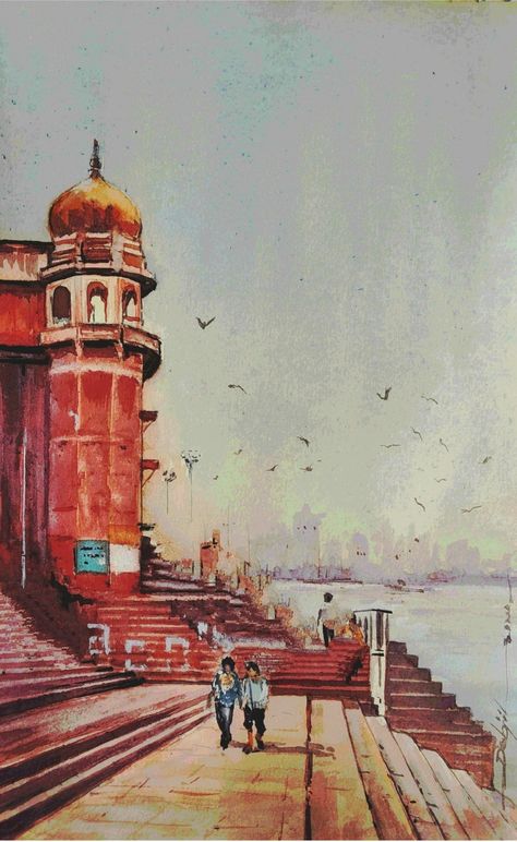 Indian Temple Watercolor Paintings, Indian Monuments Paintings, Indian Landscape Paintings, Indian Architecture Painting, Banaras Ghat Painting, Banaras Painting, Varanasi Pictures, Varanasi Painting, Vertical Paintings