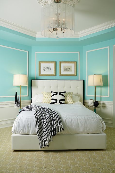 Inviting corner placed bed Tiffany Blue Rooms, Tiffany Blue Paint, Small Bedroom Paint Colors, Tiffany Bedroom, Tiffany Blue Bedroom, Light Blue Bedroom, Blue Room Decor, Blue Bedroom Walls, Bedroom Turquoise