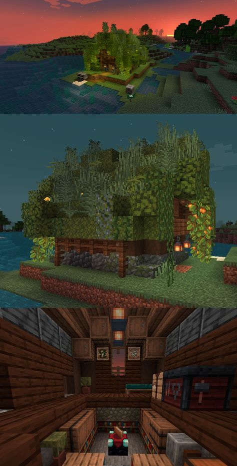 A small house created in Minecraft. It is made of dark wood and illuminated by small lanterns. Its roof is covered by a thick layer of moss with plants growing on it, making it blend into the landscape. Moss Roof House, Moss Roof Minecraft, Minecraft Moss Roof, Moss House Minecraft, Moss Roof, Cottage Minecraft, Roof House, House Template, Moss Covered