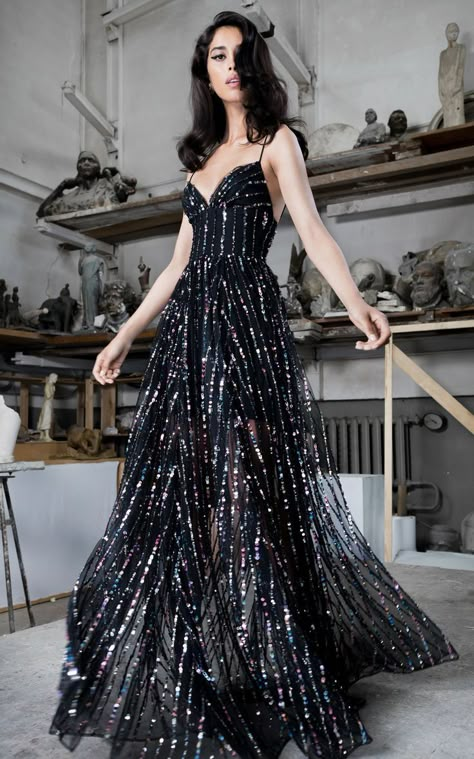 Sequined Tulle Maxi Gown by Rasario | Moda Operandi.  #WomensFashion #Fashion #FancyDresses #FancyDressesParty Black Ball Gown, Tulle Gown, Maxi Gowns, Gorgeous Gowns, Beautiful Gowns, Fancy Dresses, Dream Dress, Evening Gown, Sequin Dress