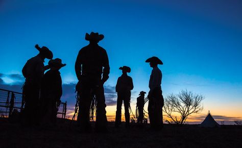 American Cowboy Magazine: Sunrise. Waiting for the guys to bring the remuda in. Catching horses in the morning is always a special time; it’s usually cold so the horses are fresh and bronc rides are typical. Everyone starts getting prayed up and psyched up early, because there are a lot of Western things that can happen when you throw your leg over that young horse. Cowboy Magazine, Saddle Tramp, Western Things, Editorial Photoshoot, The Cowboy, Picture This, Jet Set, Human Silhouette, The Morning