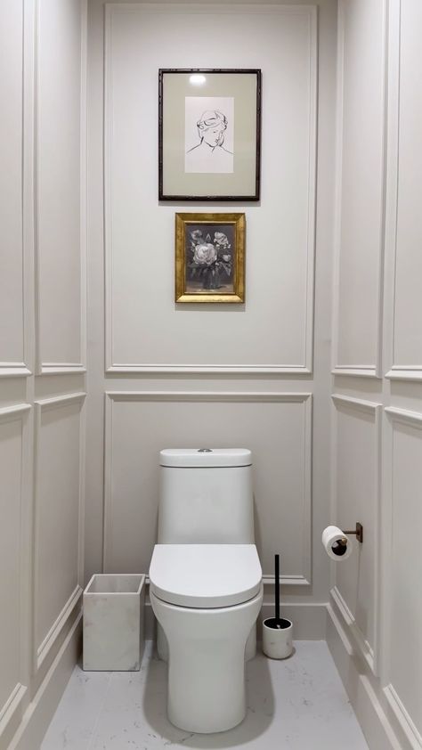 Alessandro Pontes (@dadmakesmagic) • Instagram photos and videos Toilet Base Trim, Wall Trim Moulding Bathroom, Small Bathroom Moulding, Wall Trash Can, Wall Moulding Hidden Door, Powder Room Box Trim, Contemporary Toilet, Brass Toilet, Brass Toilet Paper Holder