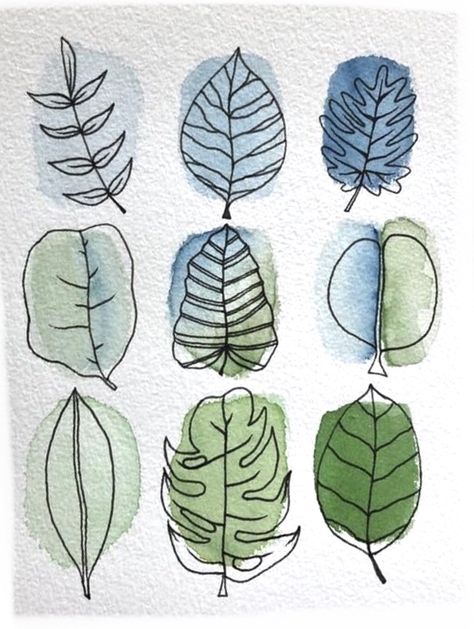 Watercolor And Ink Flowers Simple, Easy Watercolor Plants, Watercolour Plants Simple, Watercolor Art For Beginners Simple, Fun Easy Drawings, Fun Watercolor Ideas, Water Coloring Ideas For Beginners, Simple Watercolor Art, Watercolor Line Art