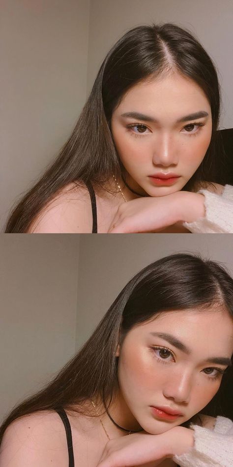 Red Lip Stain Makeup Look, Brows And Lips Makeup, Asian Blush Makeup, Korean Red Lip Makeup, Korean Red Makeup, Korean Blush Makeup, Natural Makeup With Red Lips, Red Blush Makeup, Korean Brows