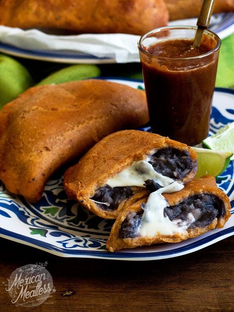 Black Bean And Oaxaca Cheese Empanadas | Empanadas De Frijoles Negros Y Queso Oaxaca | Mexican Made Meatless™ Bean And Cheese Empanadas, Taqueria Salsa, Black Refried Beans, Oaxaca Food, Vegetarian Empanadas, Refried Black Beans, Vegetarian Mexican Recipes, Cheese Empanadas, Homemade Beans