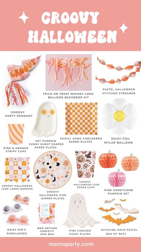 Pink Orange Halloween Party, Groovy Halloween Birthday Party, Groovy Halloween Birthday, Pink And Orange Halloween Party, Groovy Ghost Party, Pink Halloween Party Ideas, Preppy Halloween Party, Groovy Halloween Decor, Hippie Halloween Party