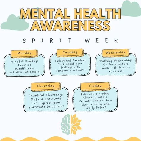 We're celebrating Mental Health Awareness Month with a "spirit week" next week! We're doing themed days with special morning announcements at our morning assembly (with some guest parents in the mental health field!) and recess activities for each themed day. It'll look like this:⁠ ⁠ 🧠 Mindful Monday⁠ ➡️ sensory activities (feel an item in a bag and guess what it is)⁠ ➡️ mindful art/coloring⁠ ➡️ yoga⁠ ⁠ 💬Talk it Out Tuesday⁠ ➡️ Feelings bean bag toss (toss it in, share a time when you feel th... Mental Health Week Activity Ideas, Mental Health Event Ideas, Mental Health Group Ideas, Mental Health Work Activities, Mental Health Month Elementary School, Content Ideas For Mental Health, World Mental Heath Day, Mental Health Awareness Activities, Morning Assembly