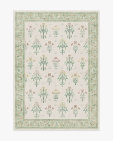 Morris & Co. Meadow Sweet Ivory & Green Tufted Rug | Ruggable Green And Peach Rug, Green Bathroom Rug Ideas, Pottery Barn Teen Rug, 5x8 Rug Under King Bed, Funky Living Room Rug, Aesthetic Rugs For Bedroom, Cottage Style Rugs, Pink And Green Rugs, Playroom Area Rug