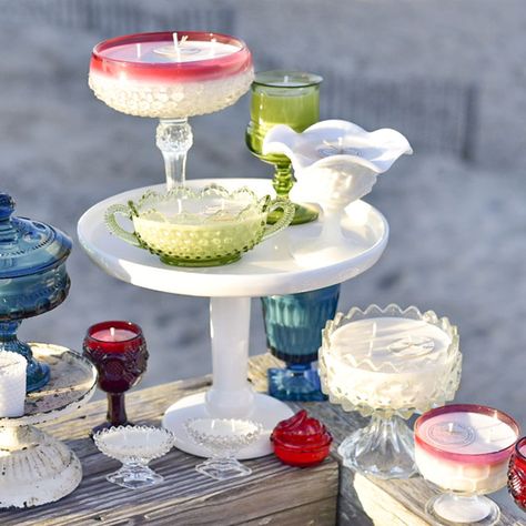 Turning Vintage Glass into Handmade Candles | OBX Candle Co. Candles In Vintage Cups, Diy Thrifted Candles, Vintage Glassware Candles, Candles In Vintage Glassware, Thrifted Candles, Making Beeswax Candles, Candle Repurpose, Candle Upcycle, Candles Unique