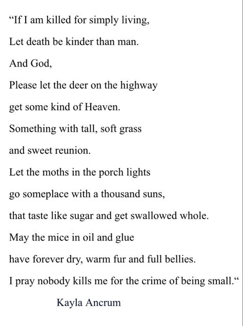 "I pray nobody kills me for the crime of being small." Thank you for touching me with this beautiful poem. Poems About Fish, Spider Poem Tiktok, Poems About Hands, Althea Davis Poem, If I Am Killed For Simply Living Poem, Laika Poem, Poems About Emotions, Thank You Poem, Melancholy Poems