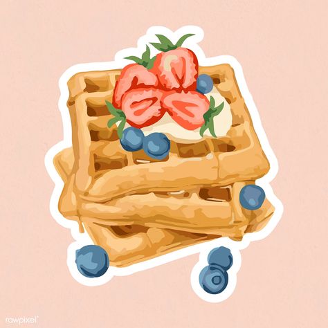 Vectorized waffles topped with berries sticker overlay with a white border on a pink background | free image by rawpixel.com / Aew Breakfast Drawing, Pancake Drawing, Sticker Overlay, Drawings For Him, Strawberry Png, Waffle Bar, Peach Background, Breakfast Waffles, Waffle Toppings