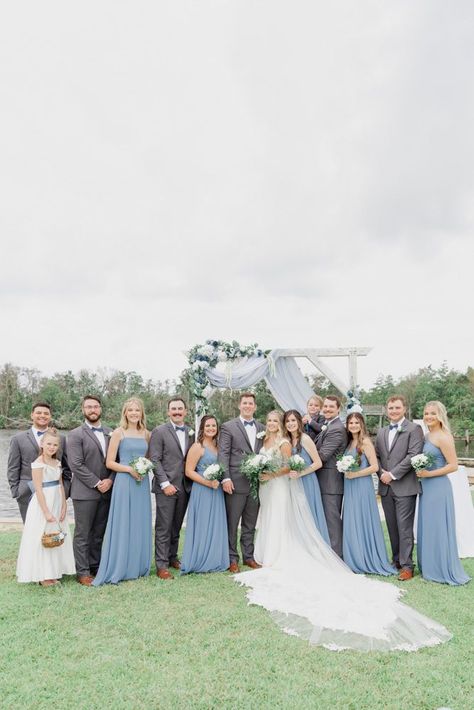 Dusty Blue Bridesmaid Dresses With Grey Groomsmen, Dusty Blue And Dark Grey Wedding, Bridesmaid Dusty Blue Dresses, Blue Gray Groomsmen Suits, Dusty Blue Bridesmaid Dresses Grey Suits, Groomsmen Dusty Blue Attire, Dusty Blue Bridesmaids Grey Groomsmen, Dusty Blue Bridesmaids And Groomsmen, Slate Blue Bridesmaid Dresses With Groomsmen