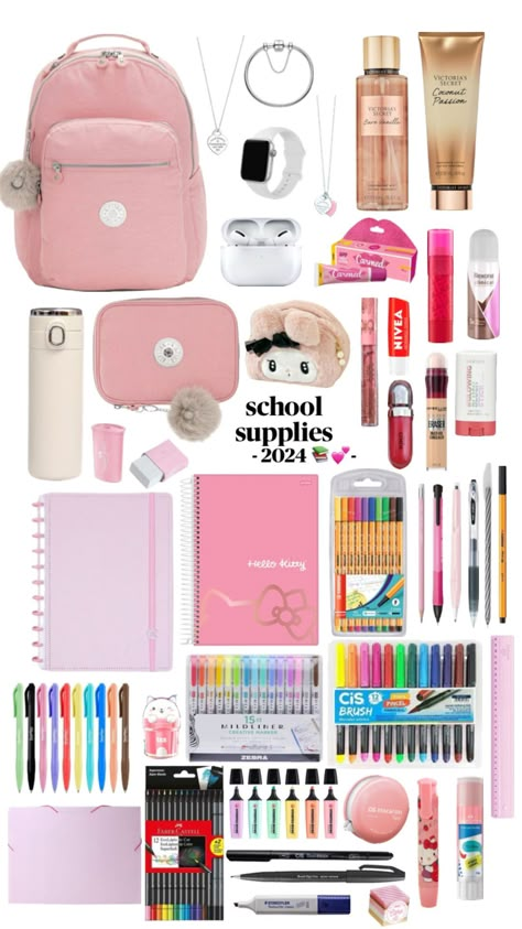 School Bag, School Supplies, Collage, Pink, White