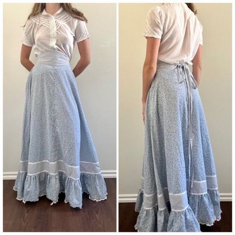 Vintage 70s Gunne Sax Style Skirt, 1970s Blue Floral Prairie Skirt Diy Prairie Skirt, Gunne Sax Skirt Outfit, Prairie Skirt Pattern, 70s Prairie Style, Prairie Skirt Outfit, Prairie Outfit, Praire Dresses, Gunne Sax Skirt, Edwardian Skirt