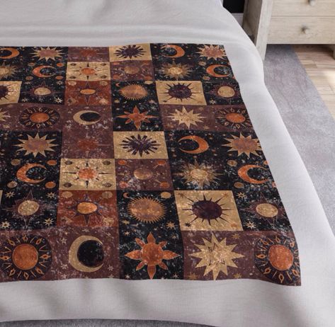 This whimsigoth witchcore cottagewitch crushed velvet blanket features a sun, moon, and stars quilted pattern, giving off a cozy and 90s celestial vibe. Perfect for those who love celestial themes and want to add a touch of luxury to their gothic bedding or dopamine home decor. Ideal for nights spent stargazing or cozying up on the couch during the winter months. Product features - 100% Polyester for durability and quick drying - Hemmed edges for longevity - Vibrant colors with the latest printing techniques - Soft and fluffy for extra comfort - One size: 50" × 60" (127cm × 152.4cm) Care instructions - Machine wash separately: cold (max 30C or 90F), gentle cycle - Do not bleach - Tumble dry: low heat - Do not iron - Do not dryclean Boho Goth Bedding, Celestial Bedding Set, Dark Academia Quilt, Witchy Quilt Pattern, 90s Celestial Decor, Moon Themed Bedroom, Whimsigoth Home Decor, 90s Grunge Bedroom, Grunge Quilt