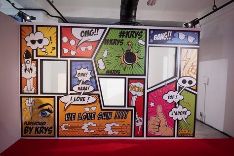 Pop Up Exhibition, Comic Wall, Event Booth Design, Event Booth, Pop Art Comic, Art Exhibit, Exhibition Display, Mural Design, Backdrop Design