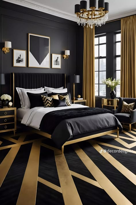 Minimalist Art Deco Bedroom, Black Velvet Bedroom, Dark Elegant Bedroom, Old Hollywood Glamour Bedroom, Old Hollywood Bedroom, Black And Gold Bedroom, Henna Dress, Gold Bedroom Ideas, Rose Gold Bedroom