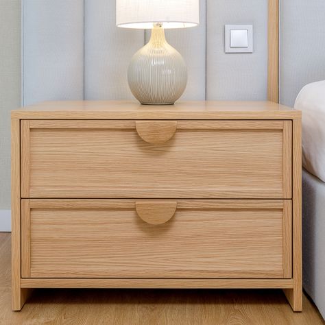 Dimensions: 50x45x45h cm/65x45x45h cm/  Material: Natural oak or walnut and velvet. The Araki bedside table is made up of two elegant drawers with soft close, with ergonomic handle made of solid wood that allows an effective opening.  And because the details make all the difference, the inside of the drawer is upholstered in soft velvet. Available in two finishes and two sizes.   Delivery time: Depending on existing stock, approx. 6/8 weeks.  (We advise prior consultation ) Japandi Bedside Table, Cool Bedside Tables, Bedside Table Wood, Bedside Drawers, Cnc Furniture, Bedside Tables Nightstands, Wood Bedside Table, Modern Bedroom Interior, Bedside Tables