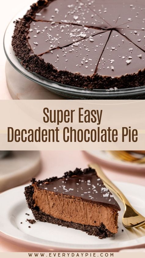 Simple to make but bursting with flavor, this No-Bake Easy Chocolate Pie is indulgent with a creamy no-bake filling, cookie crumb crust, silky ganache, and finish of flaky salt. Chocolate Pie Recipe With Graham Cracker Crust, Chocolate Ganache Pie Recipe, Pies With Cookie Crust, Ganache Pie Recipe, Chocolate Pie No Eggs, Eggless Chocolate Pie, Easy Chocolate Pie No Bake, Cookie Crust Pie Recipes, Homemade Chocolate Pie Filling