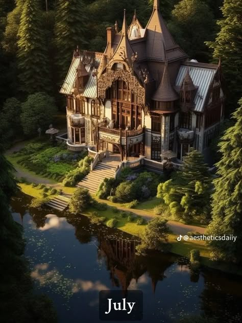 Fantasy Castle Aesthetic Exterior, Houses Fantasy Art, Fantasy Manor House, Fantasy Estate, Magical Buildings, Fantasy House Concept, Forest Castle, Fantasy Homes, Castle House