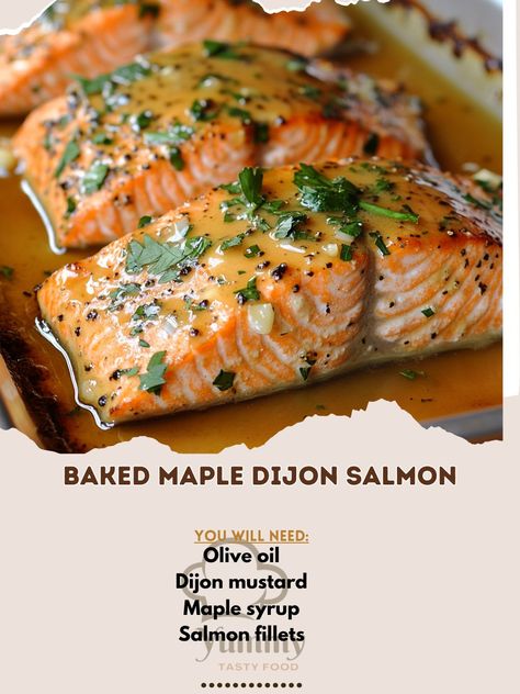 Sweet and savory Baked Maple Dijon Salmon for a quick, delicious dinner! 🍁🐟 Try it tonight with roasted veggies! 🍽️✨" Baked Maple Dijon Salmon Ingredients: Salmon fillets (4, about 6 oz each) Maple syrup (2 tbsp) Dijon mustard (2 tbsp) Olive oil (1 tbsp) Garlic (2 cloves, minced) Lemon juice (1 tbsp) Salt (to taste) Black pepper (to taste) Fresh parsley (for garnish) Instructions: Preheat oven to 400°F (200°C) and line a baking sheet with foil. In a small bowl, whisk maple syrup, Dijon mu... Maple Dijon Salmon, Maple Syrup Salmon, Dijon Salmon, Quick Delicious Dinner, Rosemary Recipes, Cozy Fall Recipes, Salmon Fillets, Hearty Soups, Baked Salmon