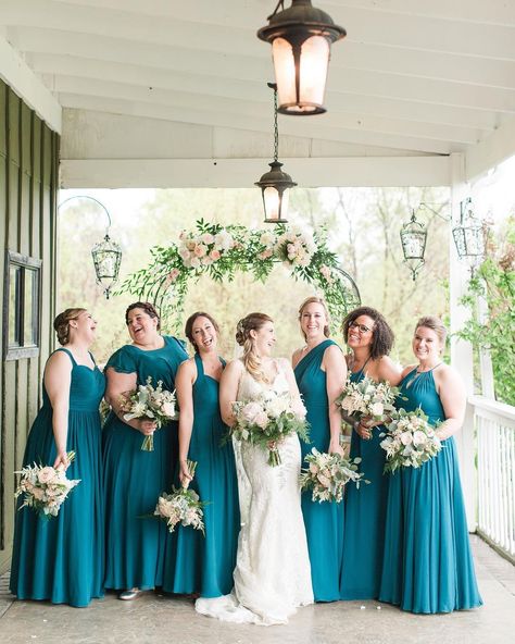 Azazie Peacock Teal And Grey Wedding, Peacock Bridesmaid Dresses, Rustic Country Wedding Decorations, Teal Wedding Colors, Teal Bridesmaid, Wedding Parties Colors, Beach Wedding Reception, Country Wedding Decorations, Azazie Bridesmaid Dresses