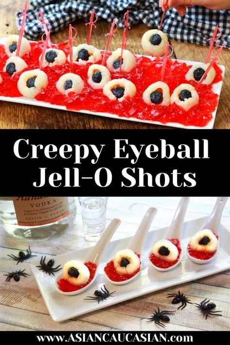 Creepy Eyeball Jell-O Shots - Asian Caucasian Food Blog Halloween Cocktail Party Food, Eyeball Jello Shots, Eyeball Jello, Shots With Vodka, Easy After School Snacks, Easy Jello Shots, Creepy Eyeball, Best Halloween Candy, Easy Halloween Party Food