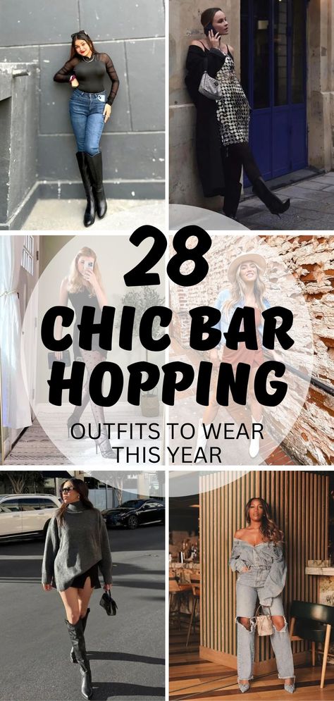 Save this pin for trendy outfits that will make heads turn while you sip in style! Elevate your bar-hopping look with these fashion-forward outfit ideas. #BarHoppingOutfits #FashionInspo #NightOutLooks High End Bar Outfit, Clubbing Outfits Over 40, Christmas Bar Hopping Outfit, Dueling Piano Bar Outfit, Outfit For A Bar Night, Bar Crawl Outfit Winter, What To Wear To A Speakeasy Bar, Winter Bar Hopping Outfit, Bar Looks Outfit