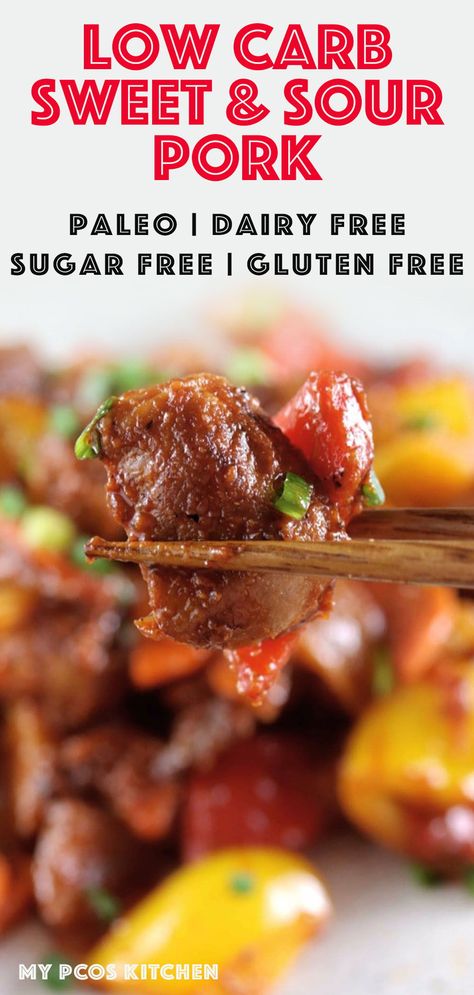 Low Carb Paleo Sweet and Sour Pork - A gluten-free, starch-free and sugar-free sweet and sour sauce coating some delicious fried pork roast pieces and peppers. This delicious, healthy weeknight meal comes together in just 20 minutes! Perfect healthy comfort food for fall and winter! #keto #paleo #lowcarb #lchf #chinese Gluten Free Sweet And Sour Pork, Keto Asian Pork Recipes, Low Carb Pork Roast Recipes, Low Carb Pork Belly Recipes, Sugar Free Dinner Ideas, Keto Pork Recipes Low Carb, Keto Sweet And Sour Pork, Healthy Sweet And Sour Pork, Healthy Pork Roast Recipes