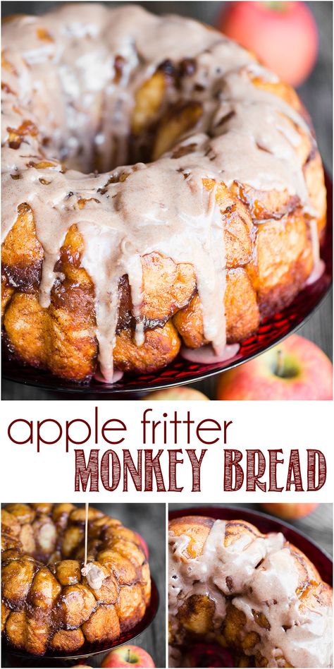 Apple Fritter Monkey Bread combines homemade dough with a flavorful cinnamon sugar apple filling and sweet glaze for the ultimate overnight breakfast treat! #monkeybread #apple #recipe #fromscratch #overnight #bundt #homemade #breakfast #pullapart #christmas #applesauce #makeahead Apple Fritter Monkey Bread With Canned Biscuits, Apple Fritter Monkey Bread, Apple Recipes Easy Healthy, Gluten Free Apple Recipes, Monkey Breads, Apple Recipes Healthy, Taco Spaghetti, Apple Fritter Bread, Sweet Glaze