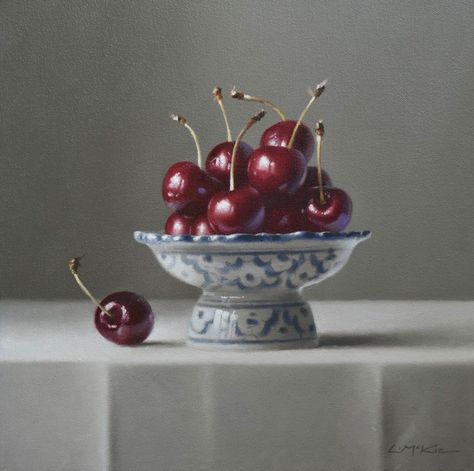 Lucy McKie | Still Life with Black Cherries | Oil on canvas Cherries Painting, Cherries Jubilee, Still Life Fruit, Decoupage Vintage, Fruit Painting, Realistic Paintings, Foto Art, Hyperrealism, Painting Still Life