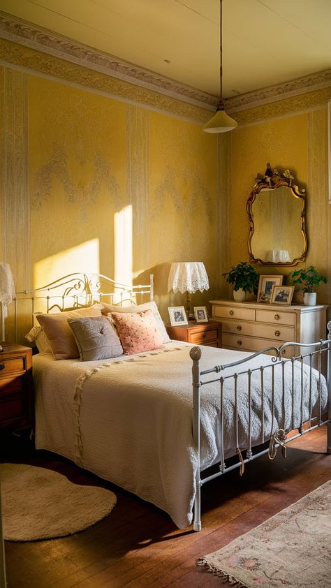 Vintage Yellow Wallpaper, Light Yellow Bedrooms, Cast Iron Bed Frame, Large Ornate Mirror, Wooden Nightstands, Cast Iron Bed, Yellow Bedroom Walls, Dark Academia Interior, Wrought Iron Bed Frames