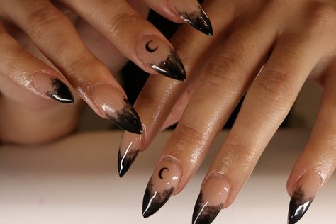 Dm me to book! I told you spooky seasons here! A witchy vibe 🖤🖤🖤 #halloweennails #halloweennailinspo #acrylicnailinspo #gelxinspo Salem Witch Nails, Spooky Witch Nails, Halloween Nails Witchy, Subtle Spooky Nails, Fall Witchy Nails, Witchy Fall Nails, Witch Aesthetic Nails, Simple Witchy Nails, Wiccan Nails