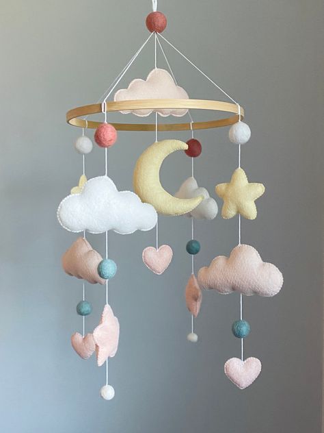 Crib Mobile Girl, Solar System Mobile, Cloud Mobile Nursery, Crib Decoration, Felt Baby Mobile, Handmade Mobile, Mobile Girl, Rainbow Mobile